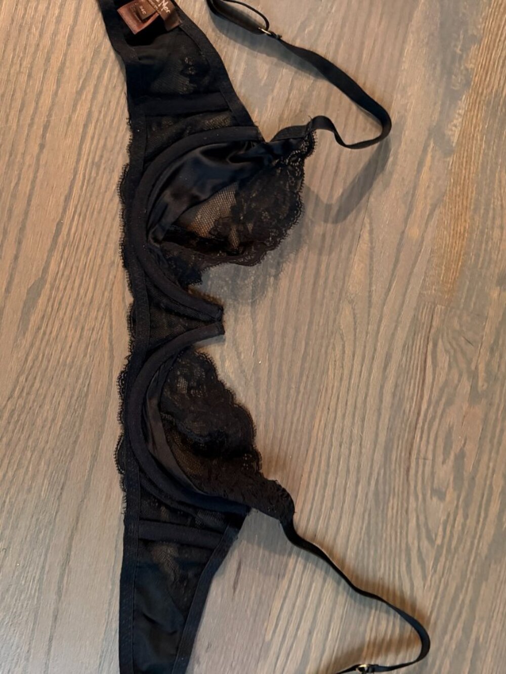 Coco de Mer London Black Silk Lace Sheer Quarter Cup Balconette Bra 34C
